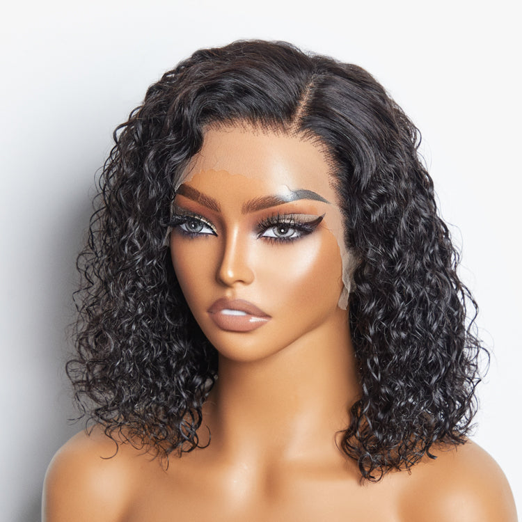 Glitter Goddess | 12/14 Inches 13"x4" Natural Black Water Wavy Bob 3D Transparent Lace Frontal Wig-100% Human Hair