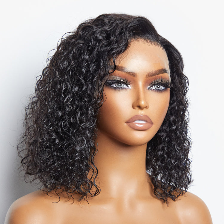 Glitter Goddess | 12/14 Inches 13"x4" Natural Black Water Wavy Bob 3D Transparent Lace Frontal Wig-100% Human Hair