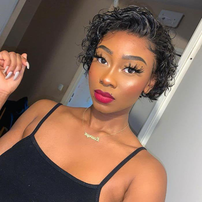 Gemstone Glow | 8 inch Short Curly Pixie Cut 13"x4" Frontal Lace Wig Pre-Bleached Knots Brazilian Human Virgin Hair 150% Density