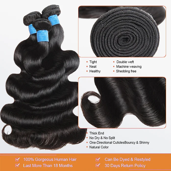 10-36 Inch Body Wavy Virgin Brazilian Hair #1B Natural Black