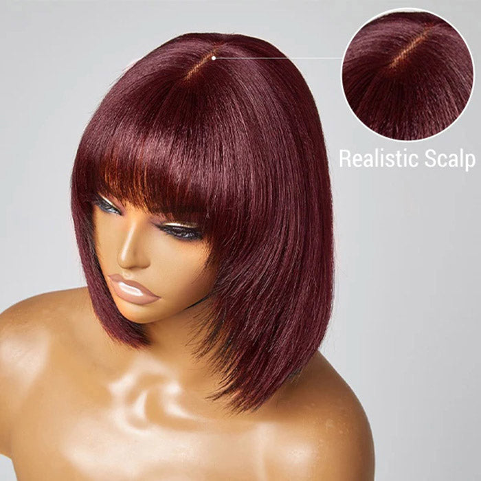 Glittering Glamour | 10 Inches Reddish Purple Layered Cut Yaki Straight #99J Lace Bob Wig With Bangs