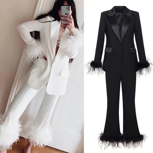 Ostrich Feather Blazer & Pants Set