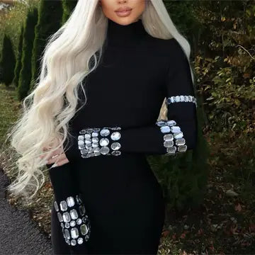 Black Studded & Bling High-Neck Bandage Dress