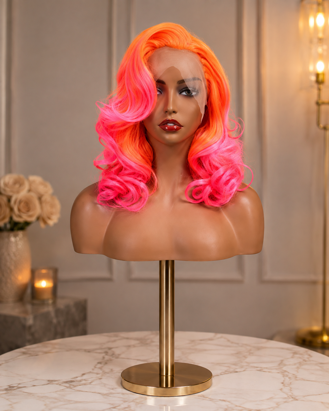 Firecracker | 16" Neon Orange & Pink Curly Lace Front Wig