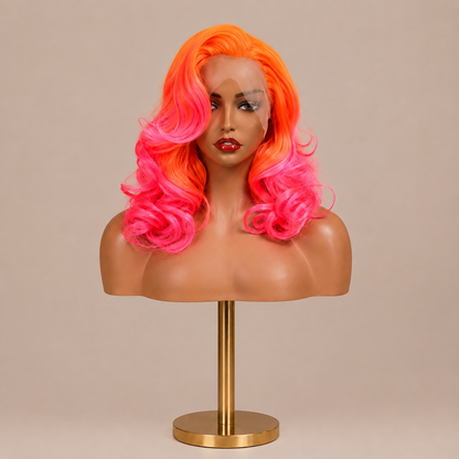 Firecracker | 16" Neon Orange & Pink Curly Lace Front Wig