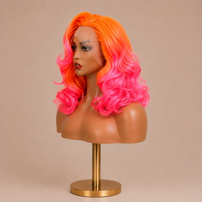 Firecracker | 16" Neon Orange & Pink Curly Lace Front Wig