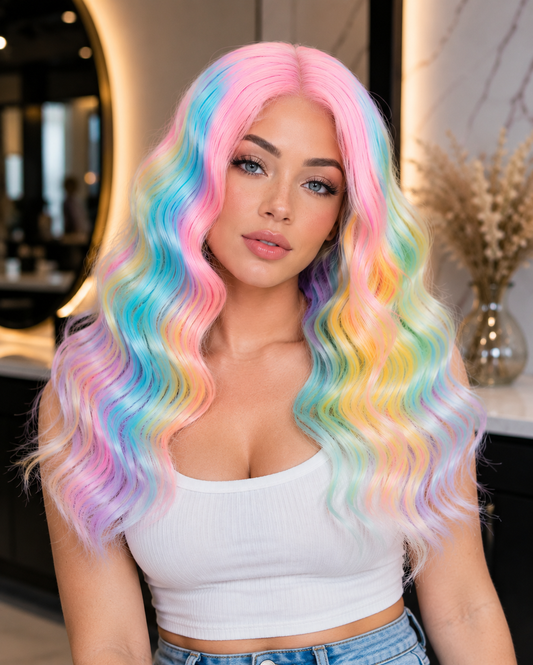 Poppy | 16" Pastel Rainbow Wavy Lace Front Wig
