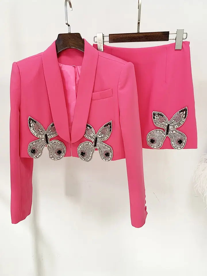 Diamond Butterfly Beaded Two-Piece Skirt Suit