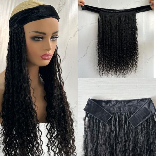 Boho Human Hair Mix  Box Braids Band Wig – 20” Natural Black