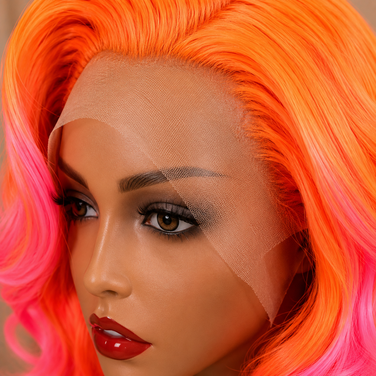 Firecracker | 16" Neon Orange & Pink Curly Lace Front Wig