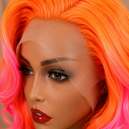 Firecracker | 16" Neon Orange & Pink Curly Lace Front Wig