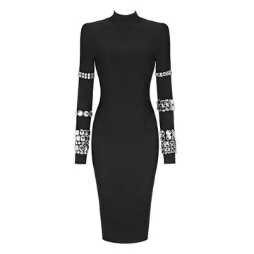 Black Studded & Bling High-Neck Bandage Dress