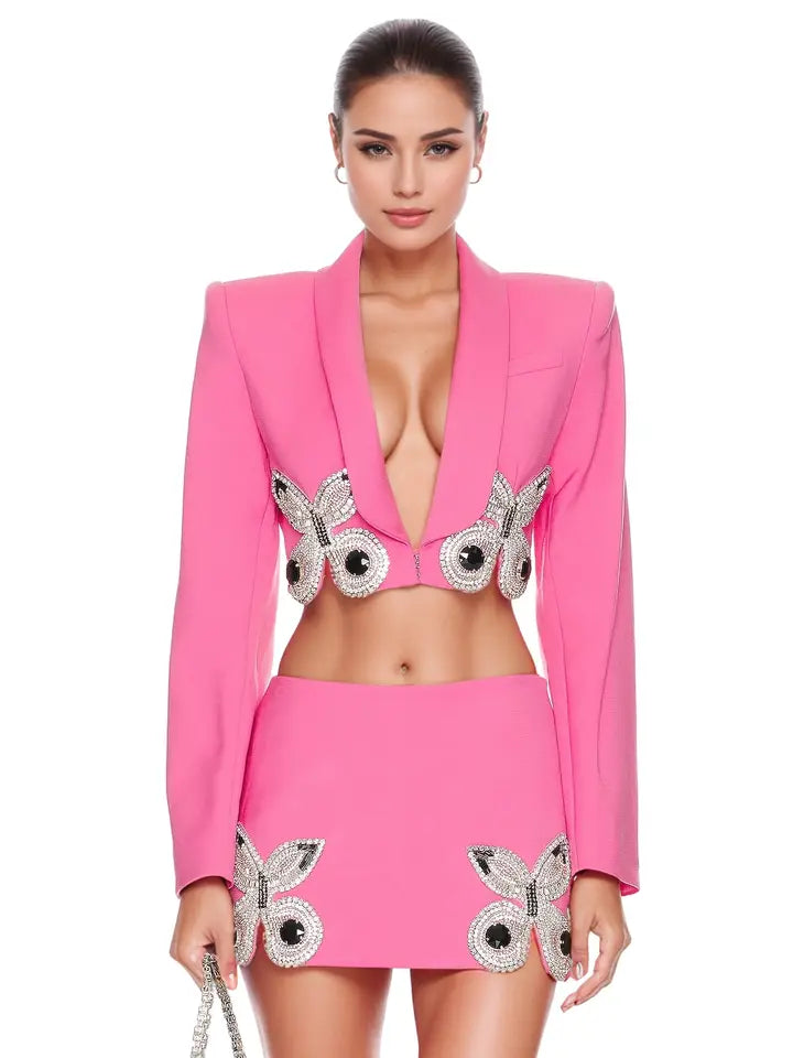 Diamond Butterfly Beaded Two-Piece Skirt Suit