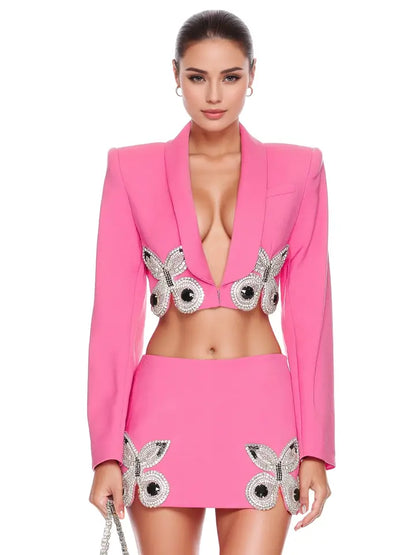 Diamond Butterfly Beaded Two-Piece Skirt Suit