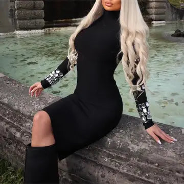 Black Studded & Bling High-Neck Bandage Dress