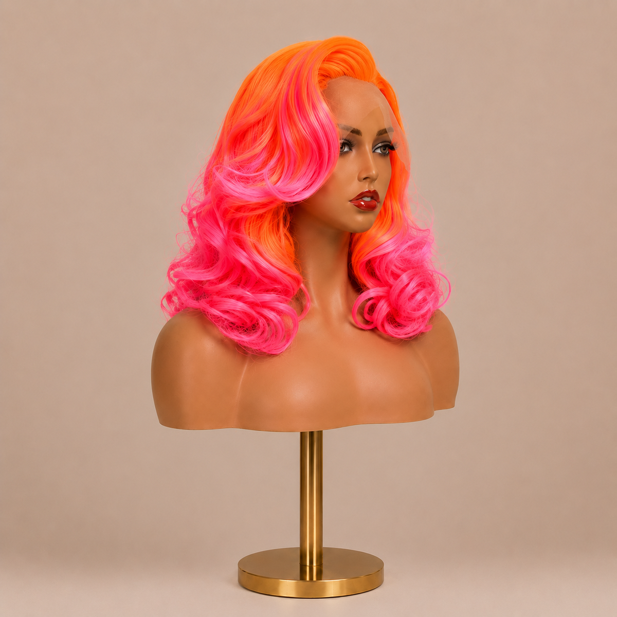 Firecracker | 16" Neon Orange & Pink Curly Lace Front Wig