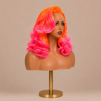 Firecracker | 16" Neon Orange & Pink Curly Lace Front Wig