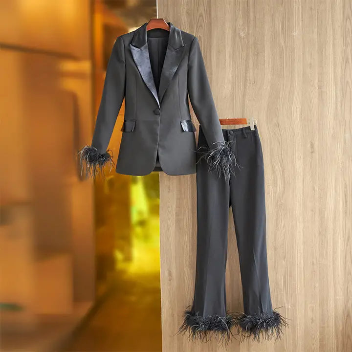 Ostrich Feather Blazer & Pants Set