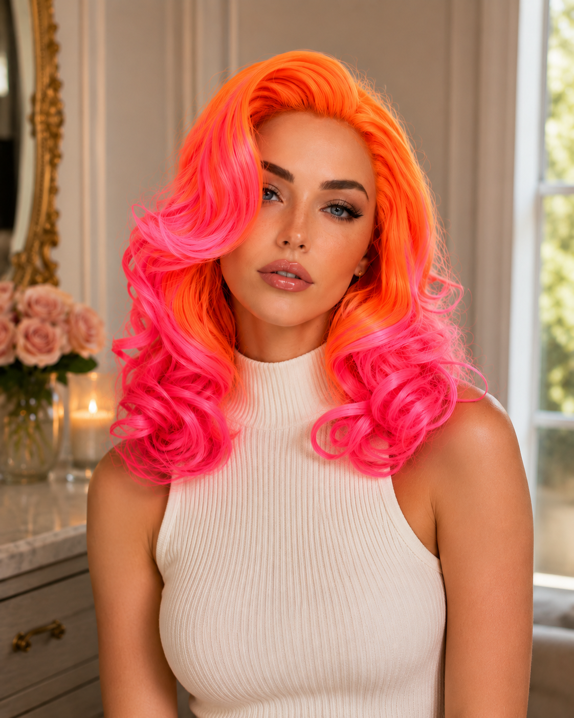 Firecracker | 16" Neon Orange & Pink Curly Lace Front Wig