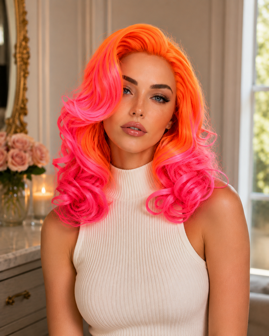 Firecracker | 16" Neon Orange & Pink Curly Lace Front Wig